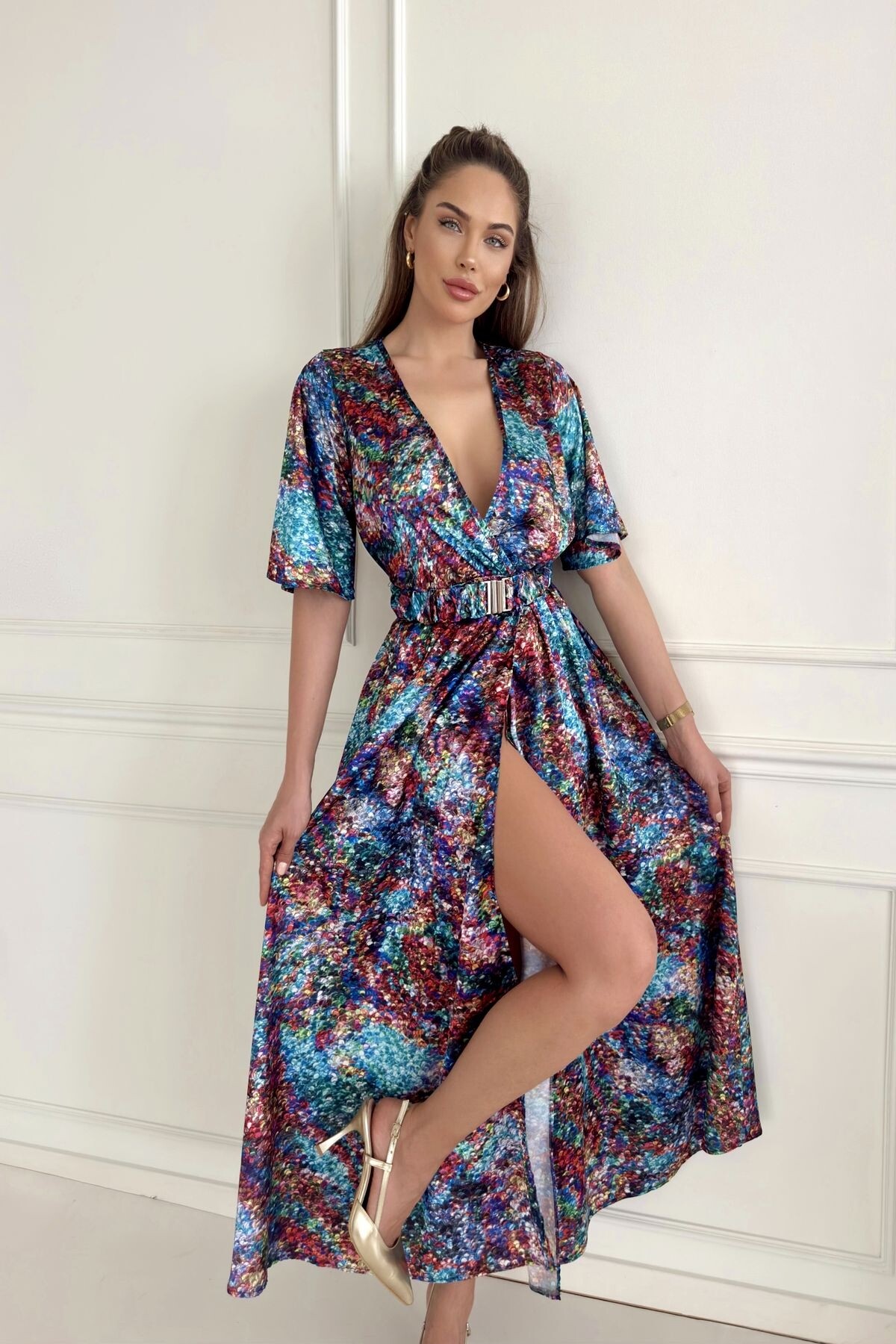 BELTED LONG SATIN DRESS