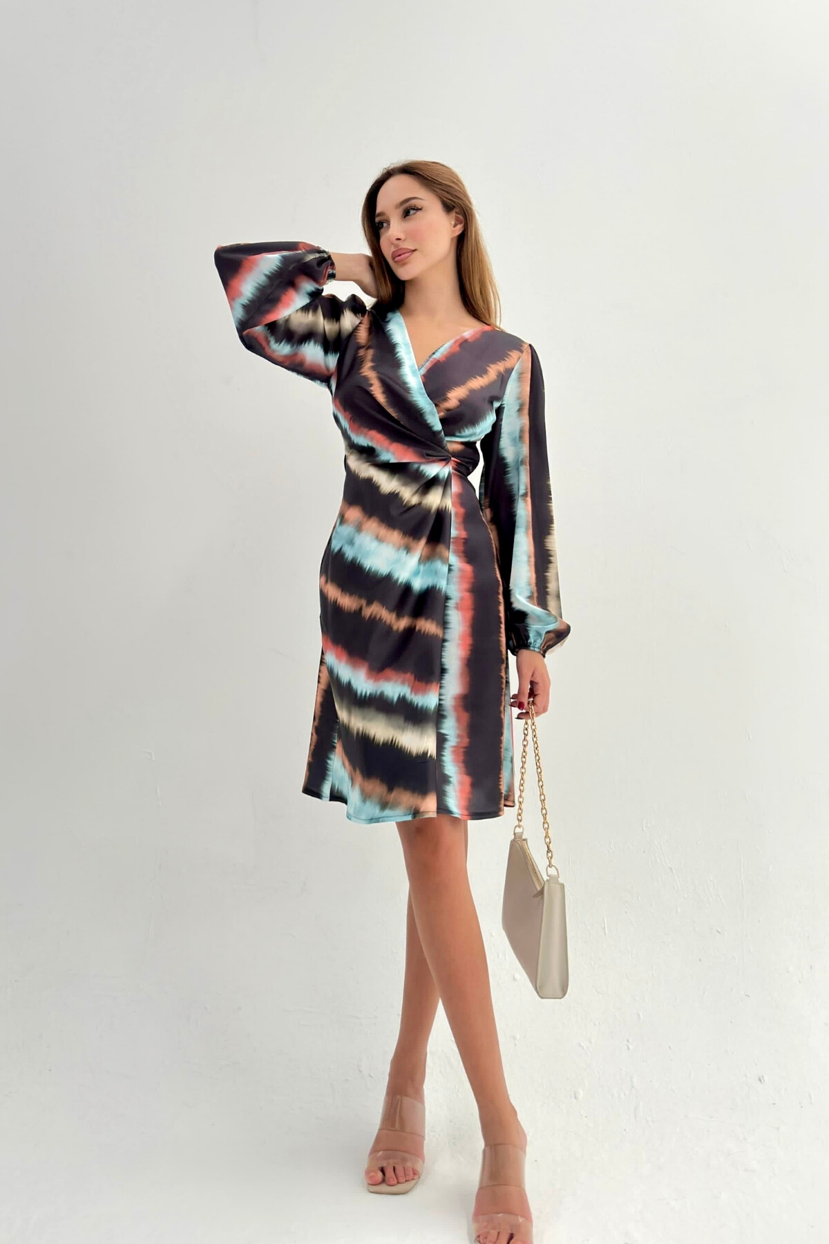 PRINTED CROSSOVER SATIN DRESS