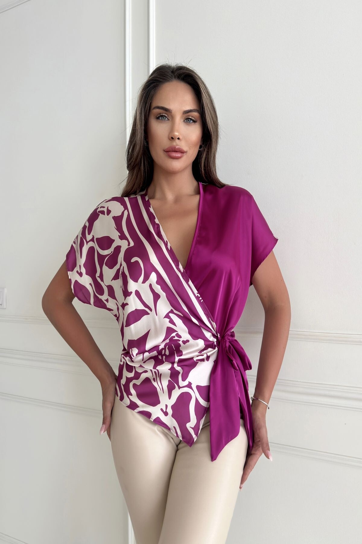 DOUBLE BREASTED TIE SATIN BLOUSE