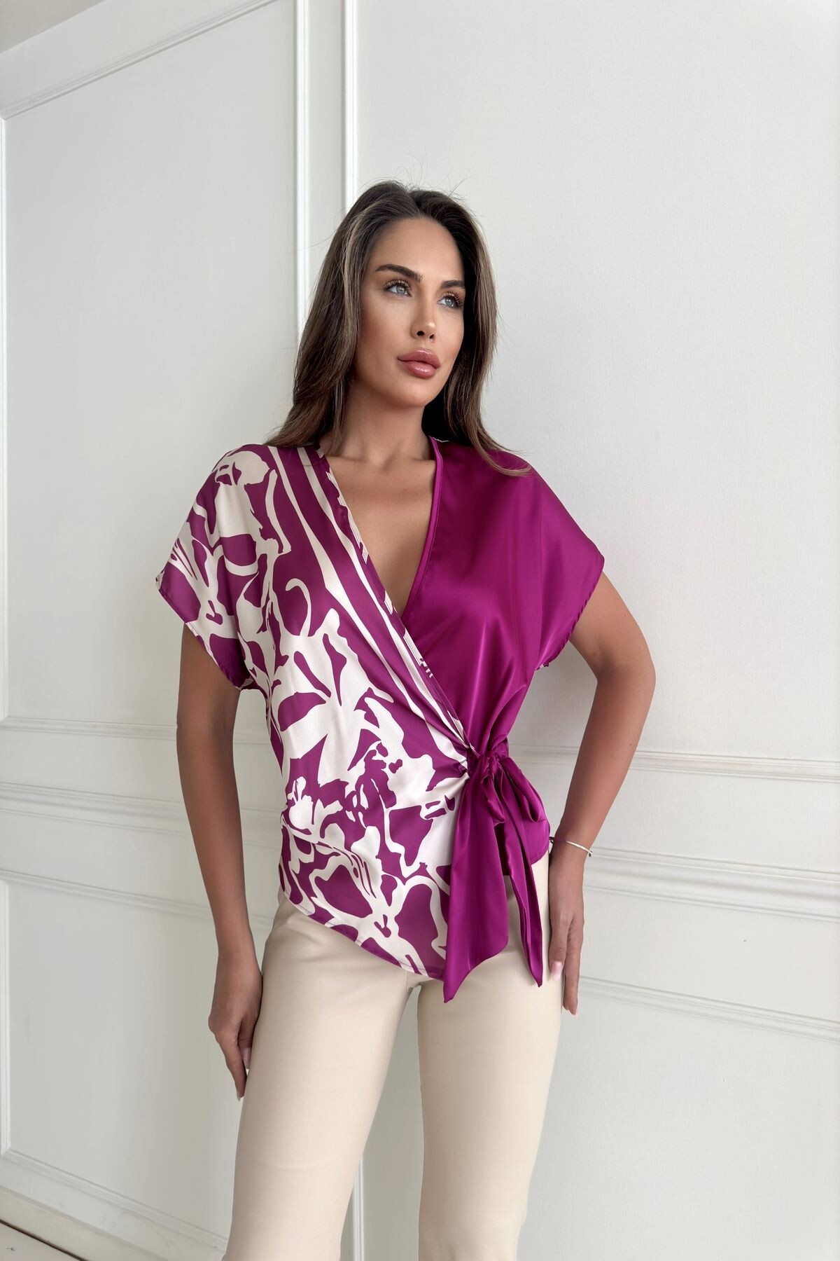 DOUBLE BREASTED TIE SATIN BLOUSE