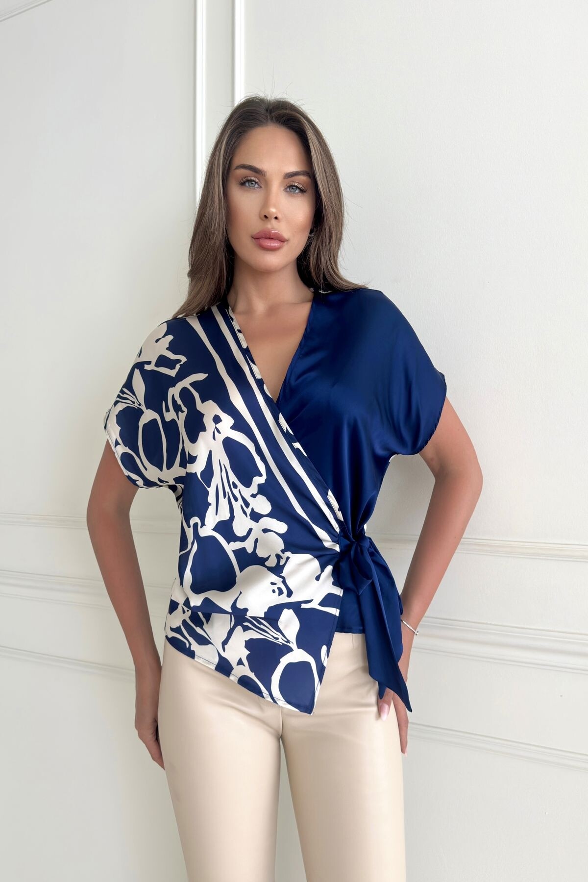 DOUBLE BREASTED TIE SATIN BLOUSE