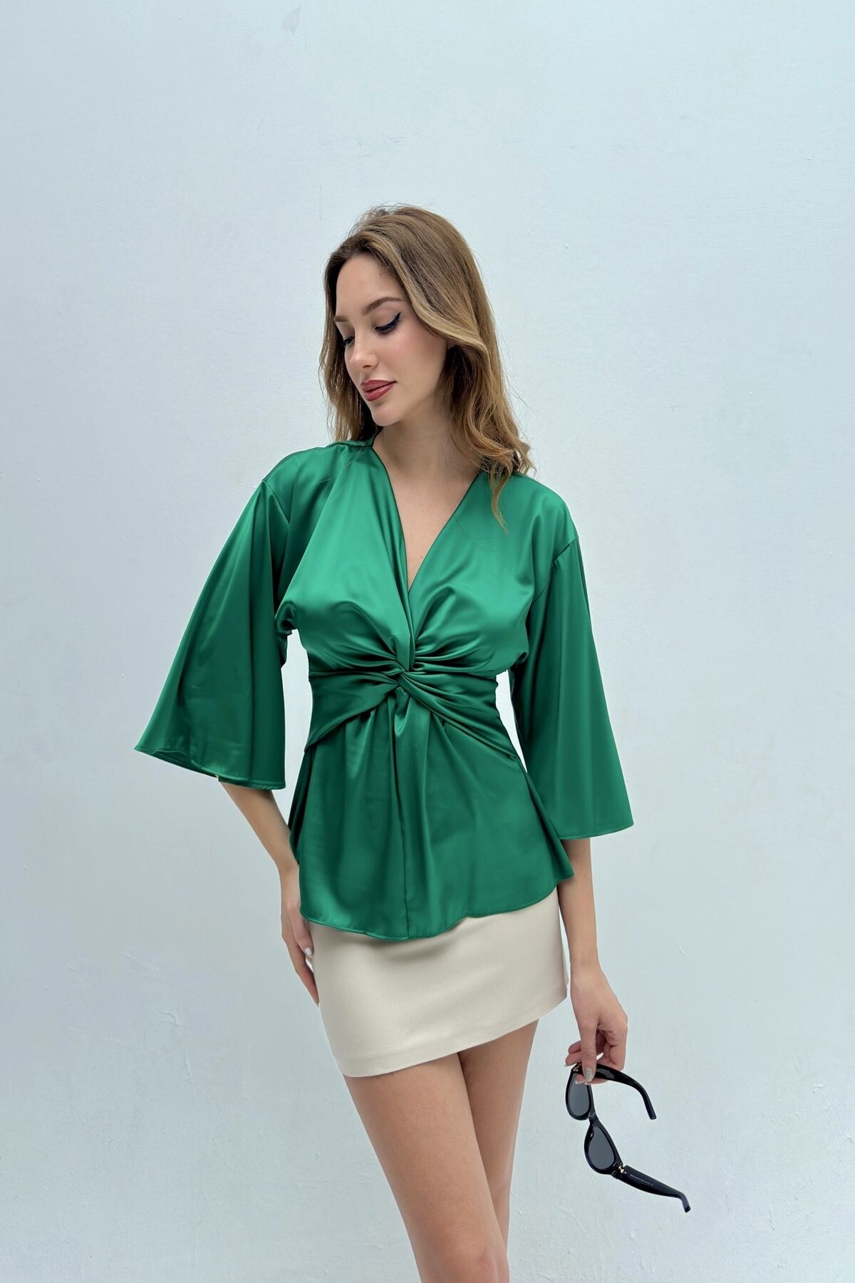 KNOTTED FRONT SATIN BLOUSE