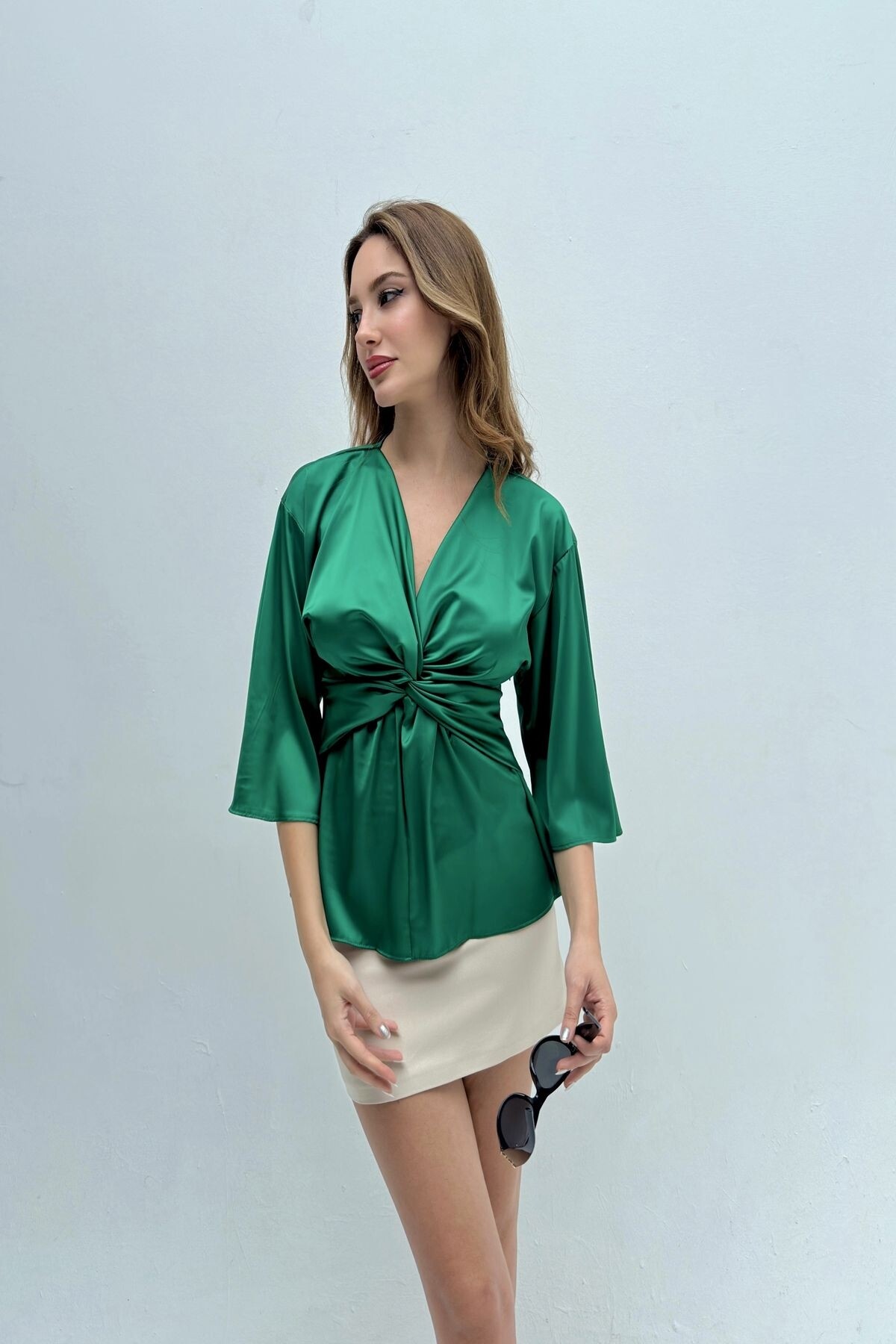 KNOTTED FRONT SATIN BLOUSE