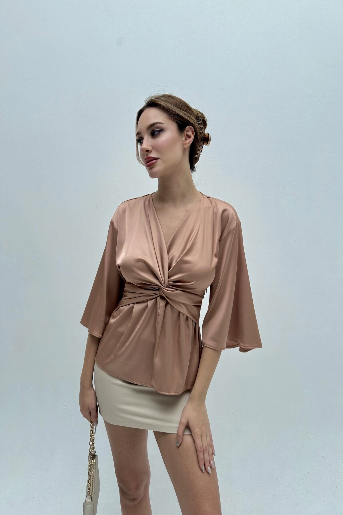 KNOTTED FRONT SATIN BLOUSE