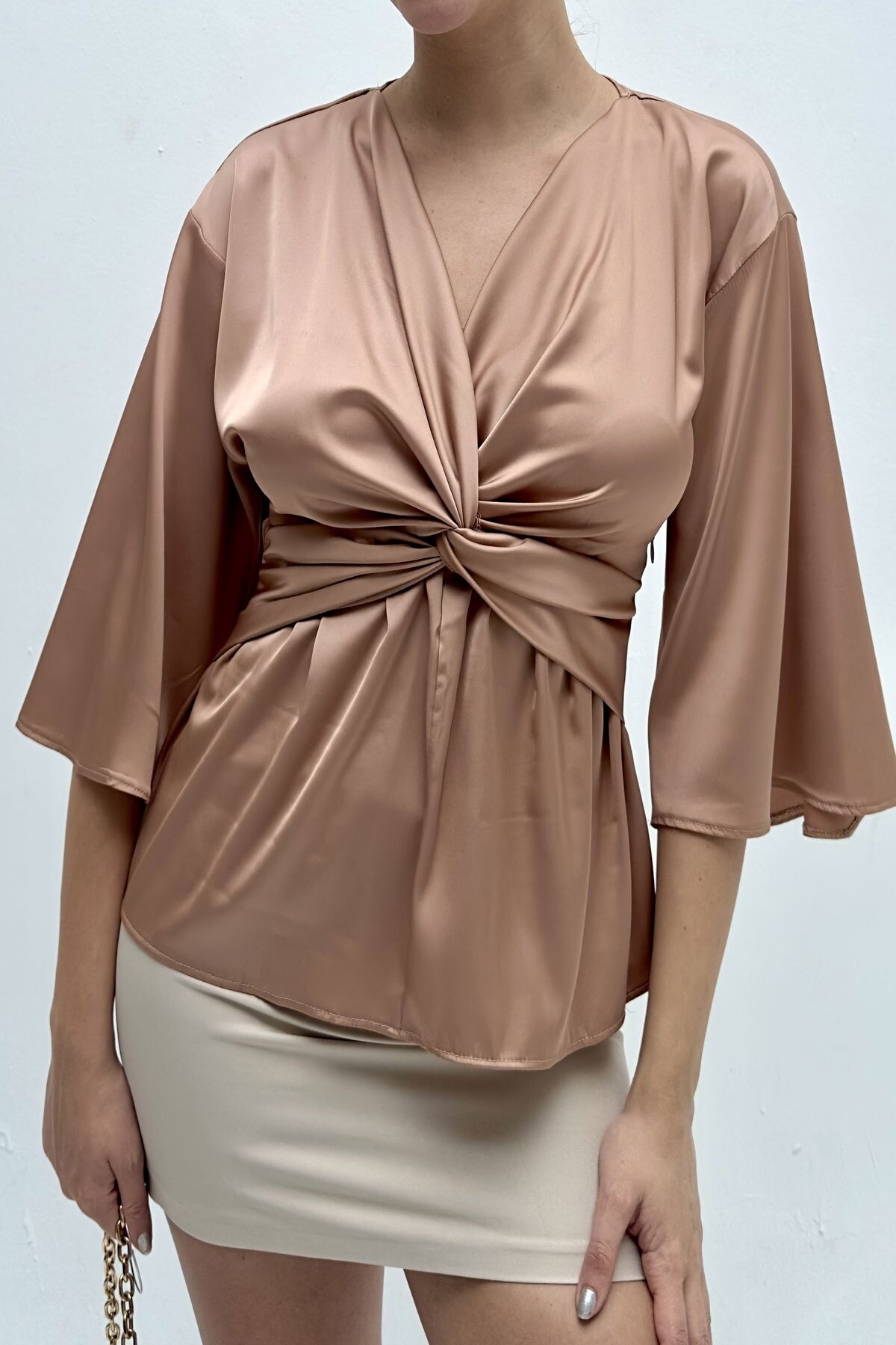 KNOTTED FRONT SATIN BLOUSE