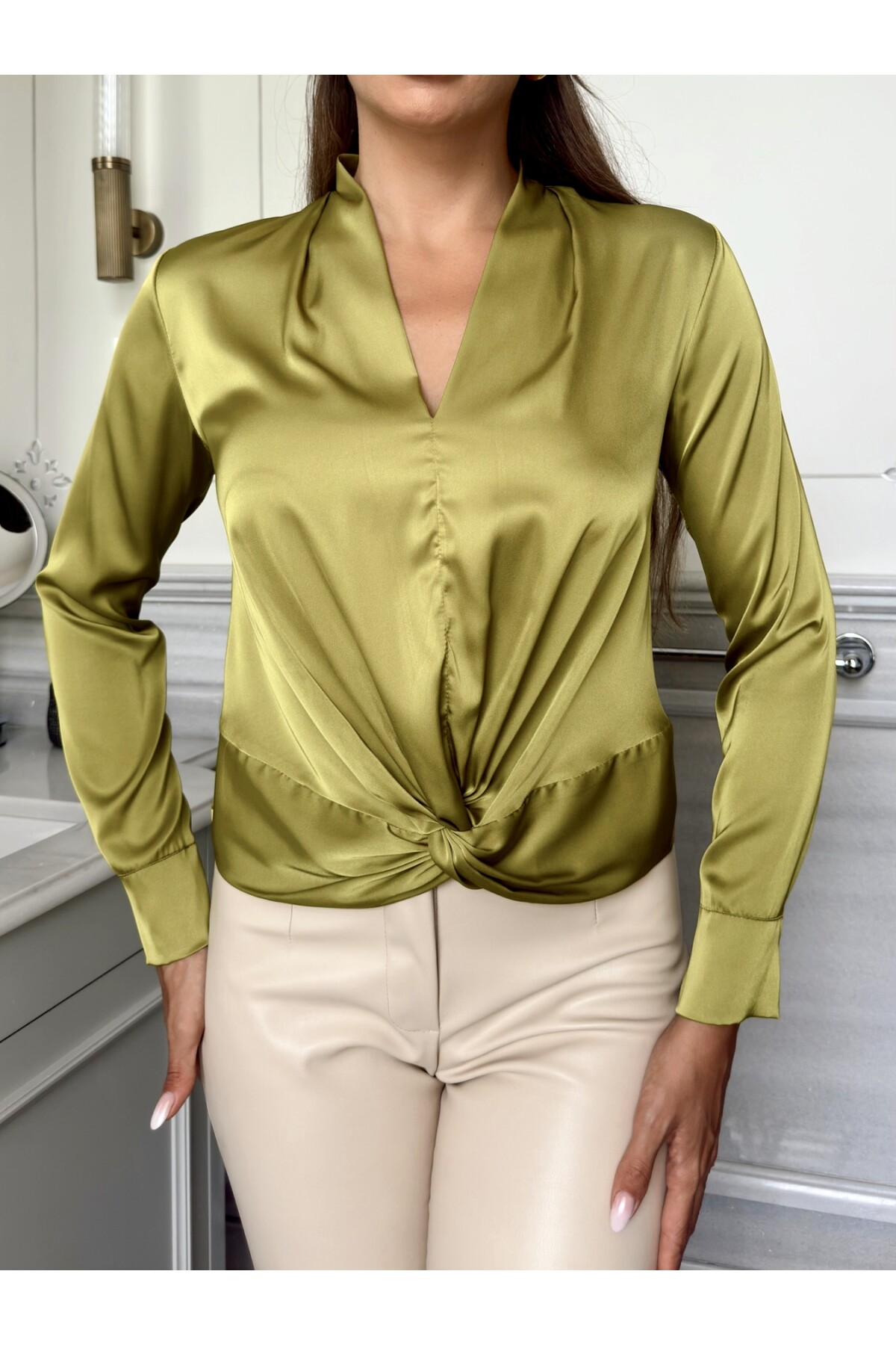 KNOTTED FRONT SATIN BLOUSE