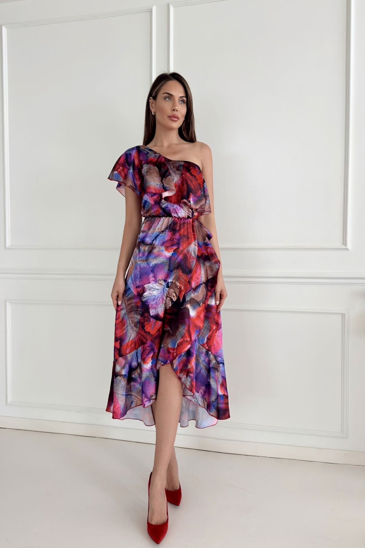 PATTERNED LONG SATIN DRESS