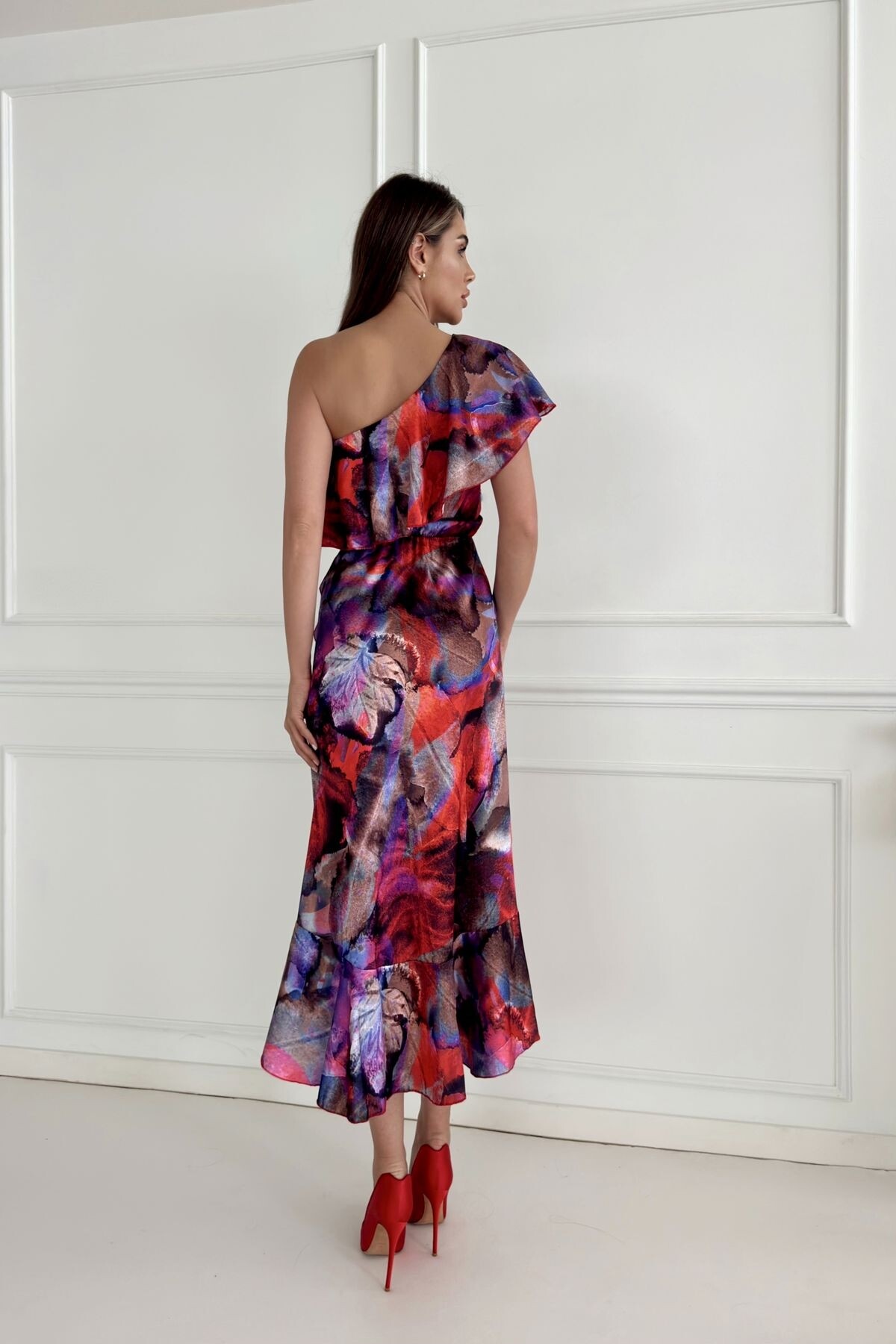 PATTERNED LONG SATIN DRESS