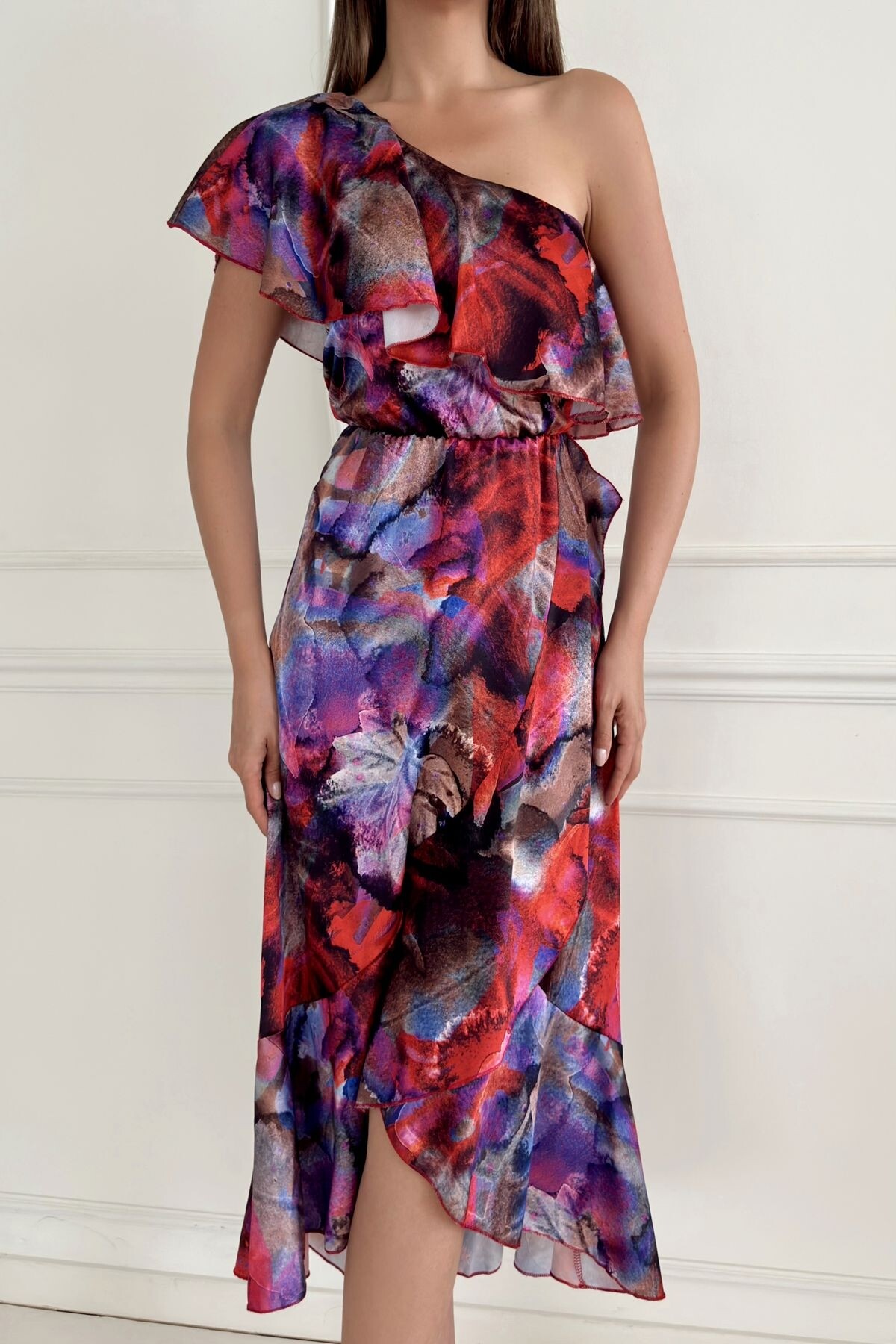 PATTERNED LONG SATIN DRESS