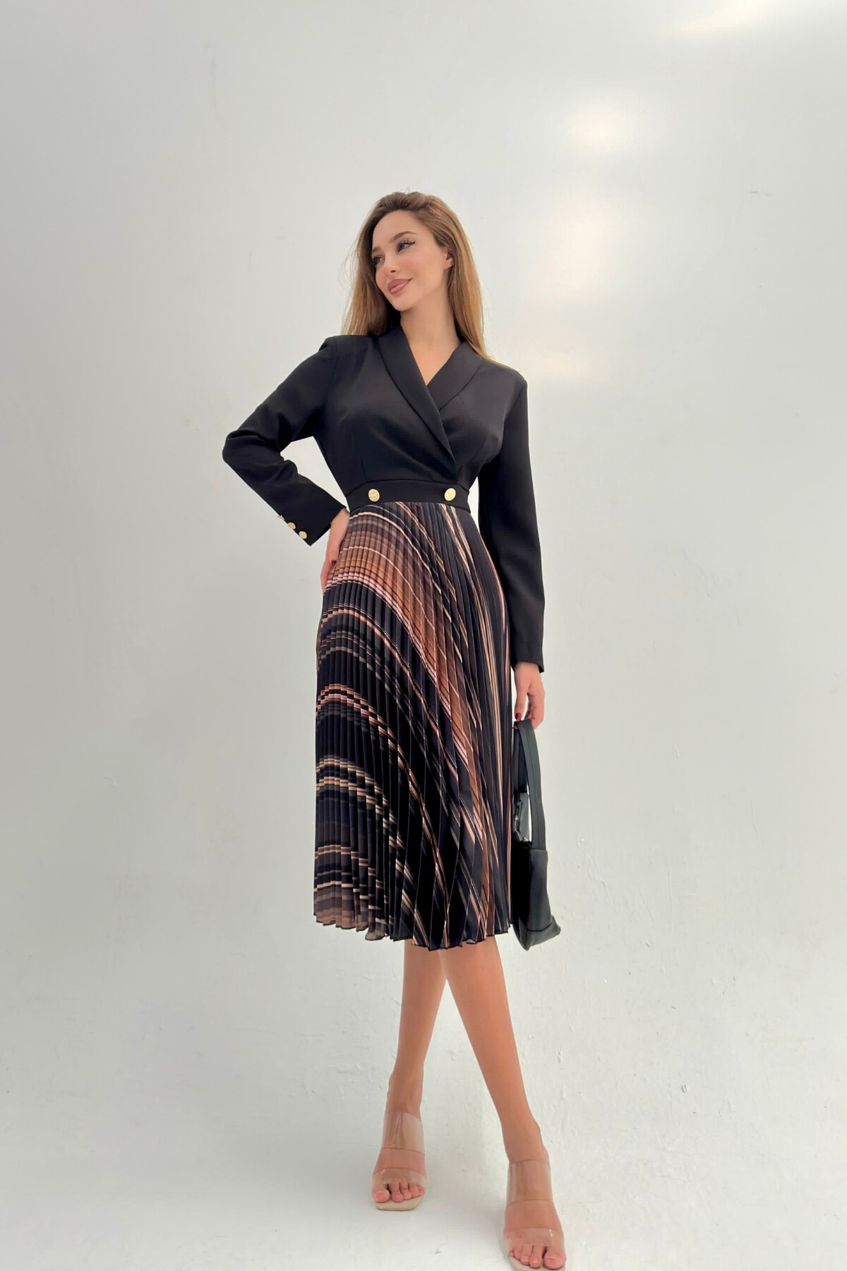 CONTRAST PLEATED MIDI DRESS