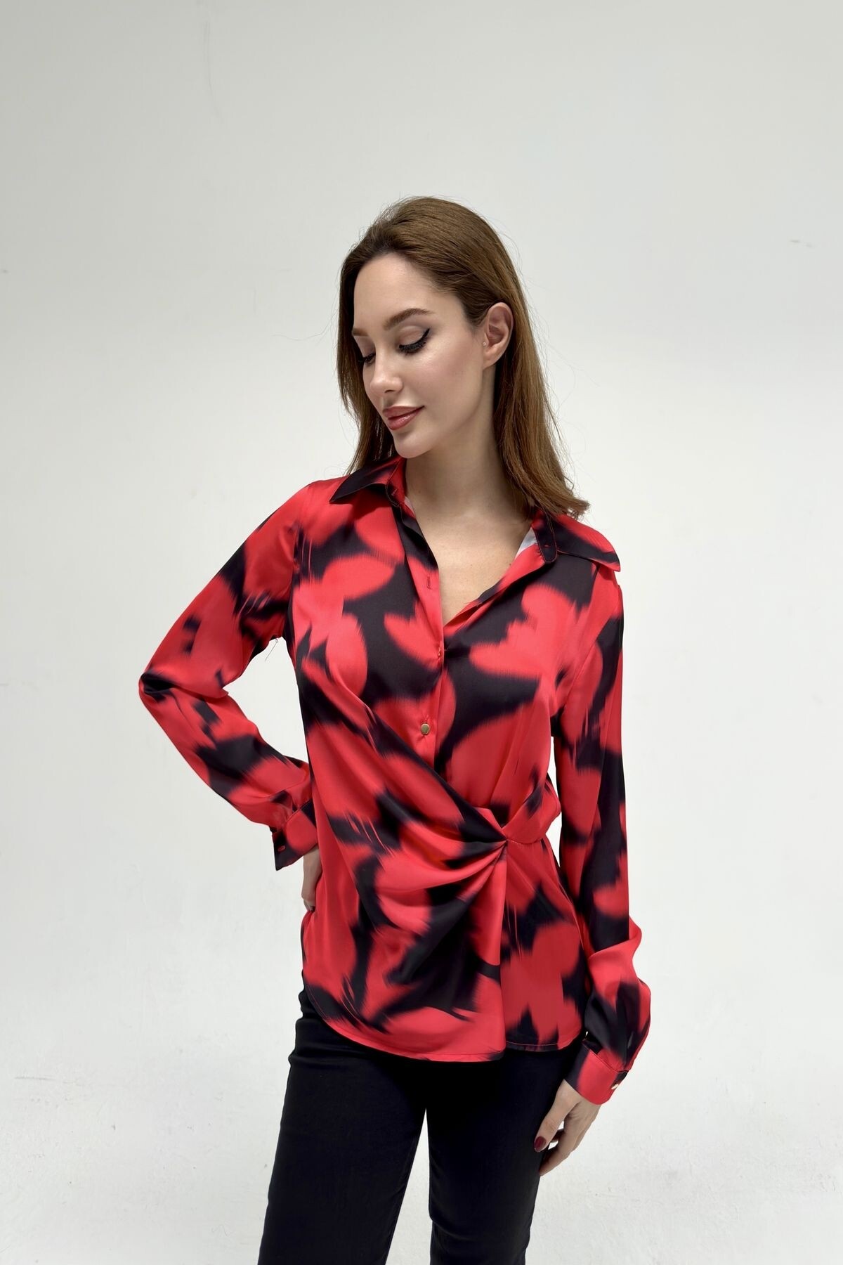 PRINTED SATIN WRAP BLOUSE