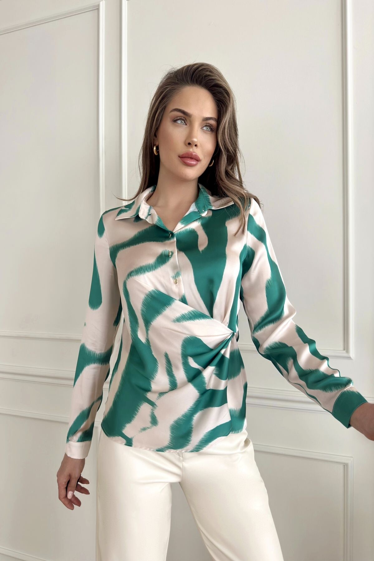 PRINTED SATIN WRAP BLOUSE