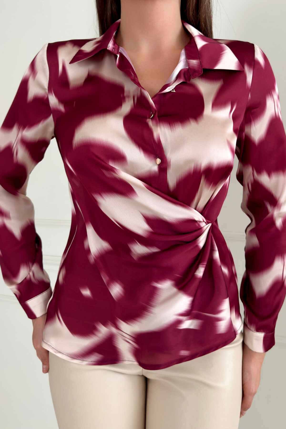 PRINTED SATIN WRAP BLOUSE