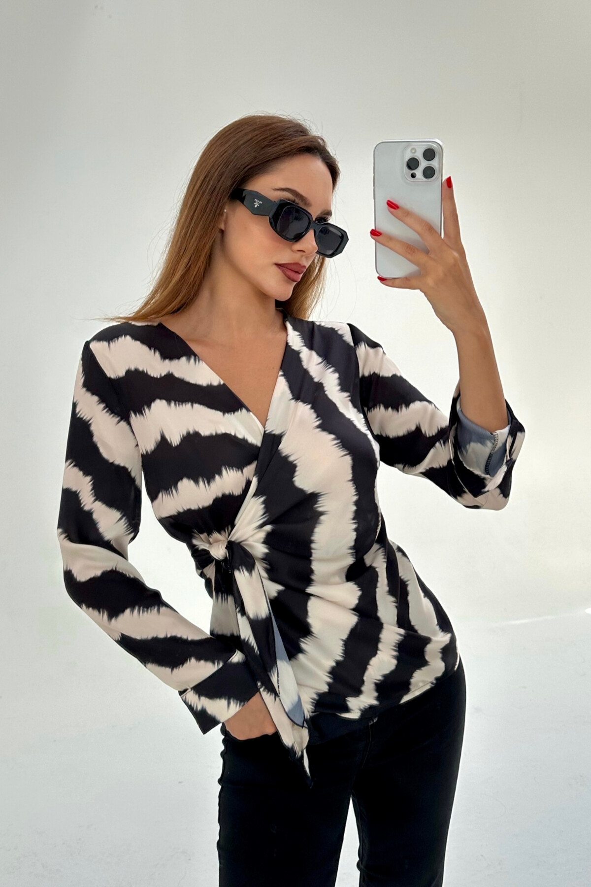 SATIN CROSSOVER PRINTED BLOUSE