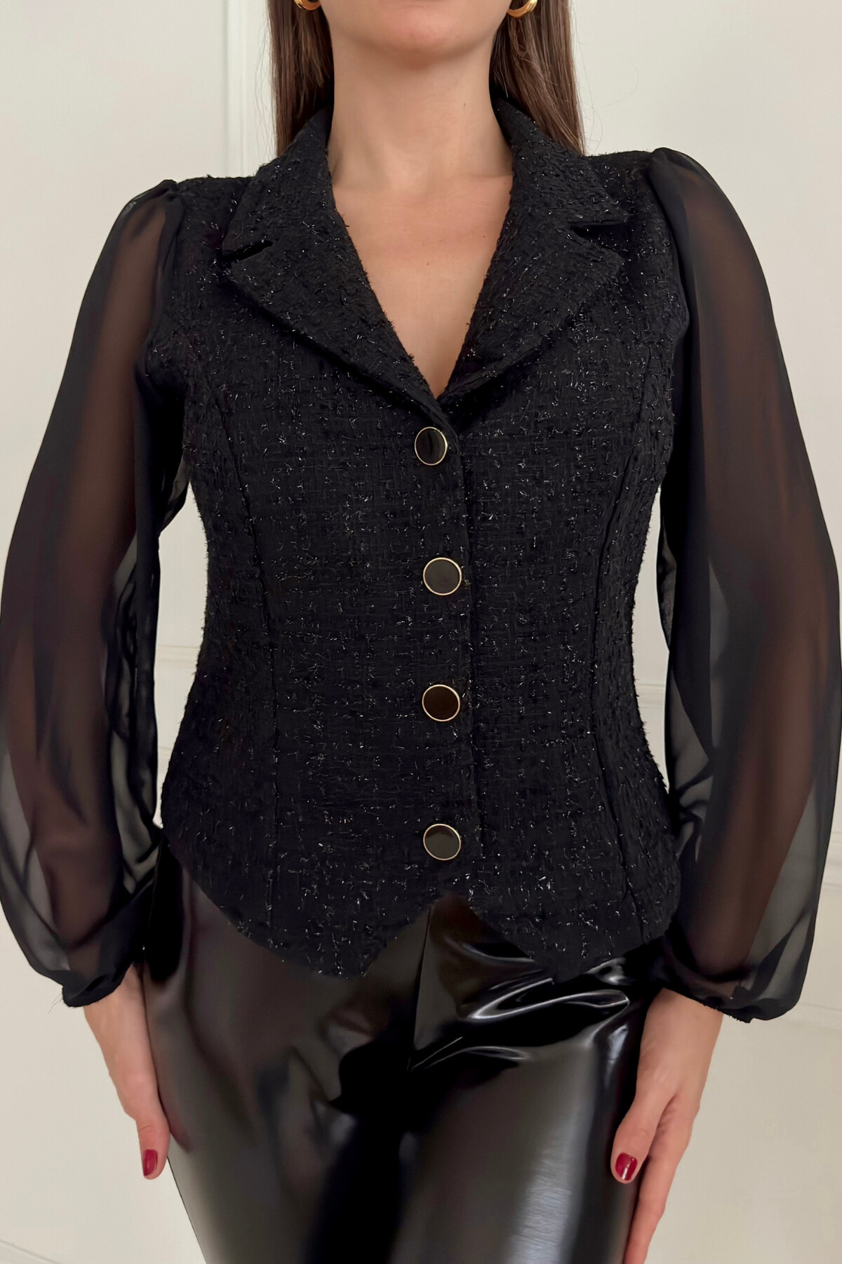 VEST WITH CHIFFON TWEED SLEEVES