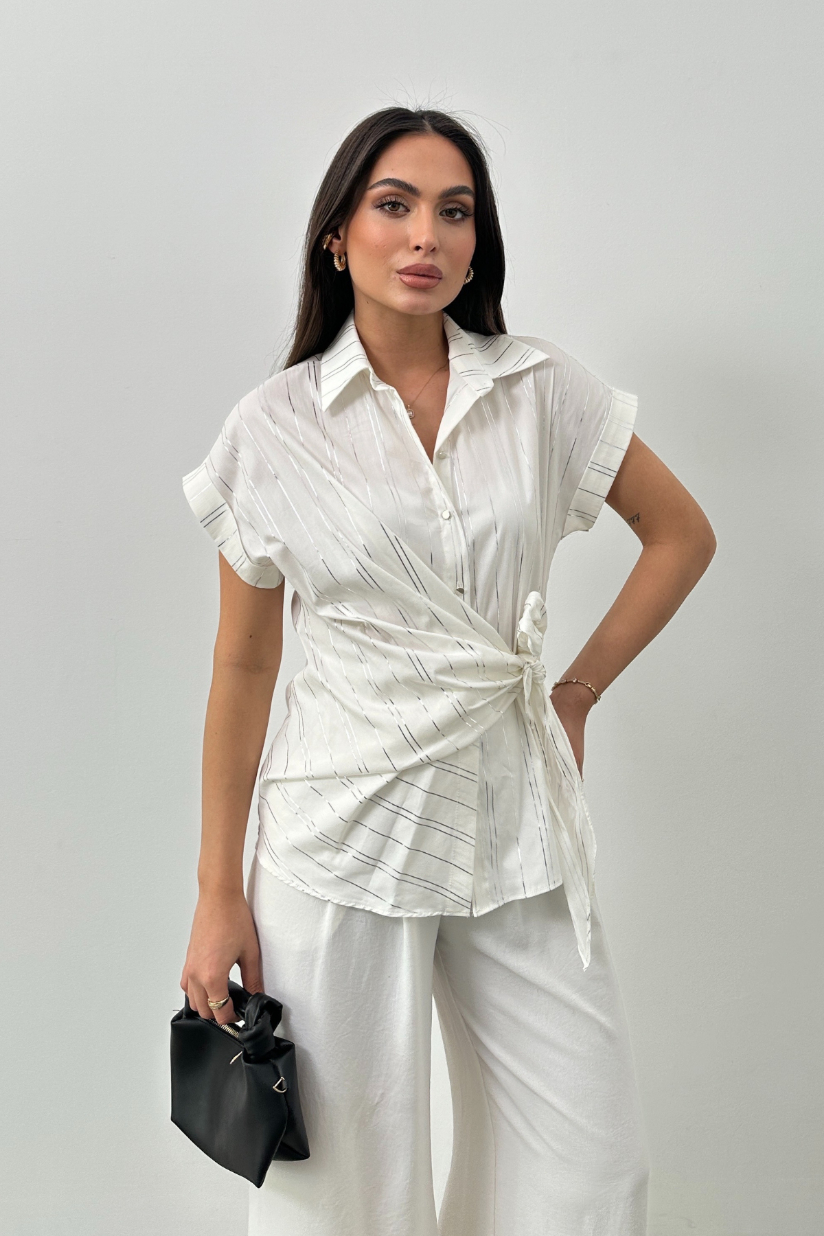 GLITTERED POPLIN TIE BLOUSE