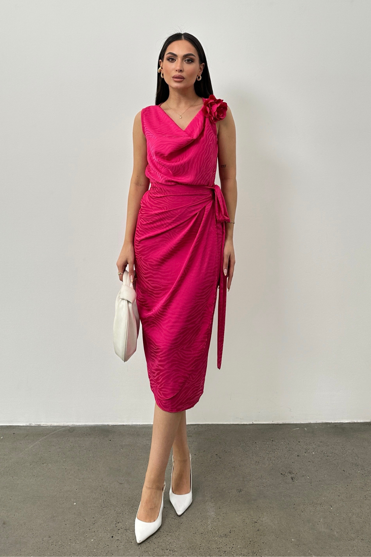 JACQUARD SATIN DRESS WITH FLORAL ACCESSORIES