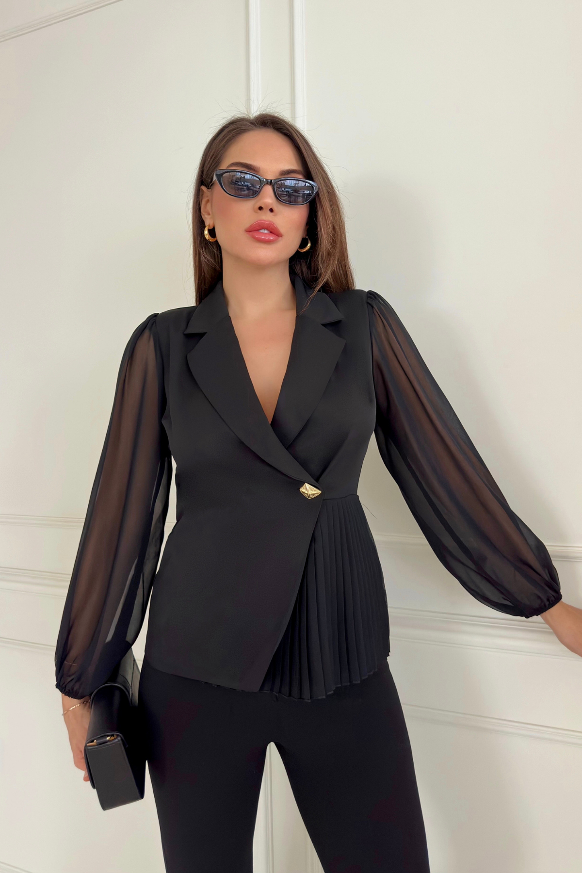 Piliseli Ceket Yaka Bluz