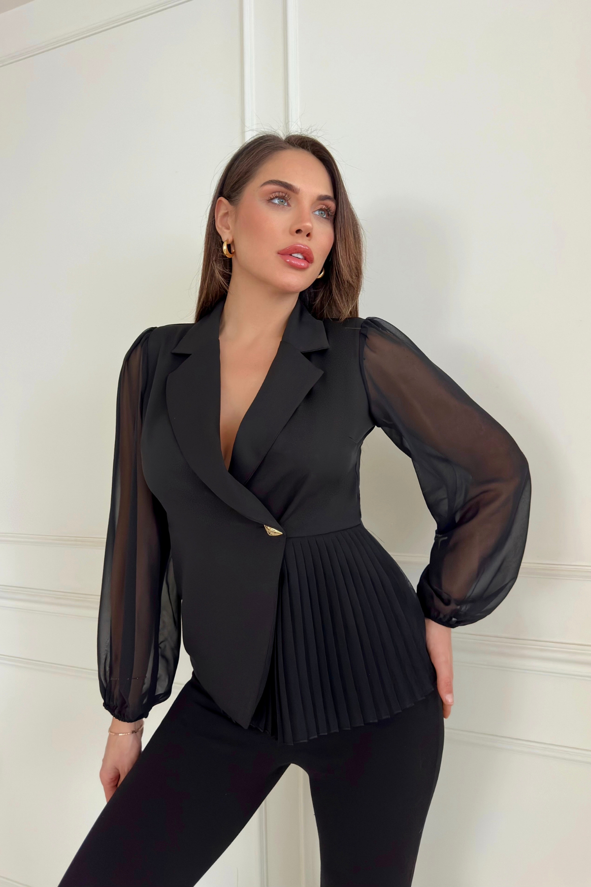 Piliseli Ceket Yaka Bluz