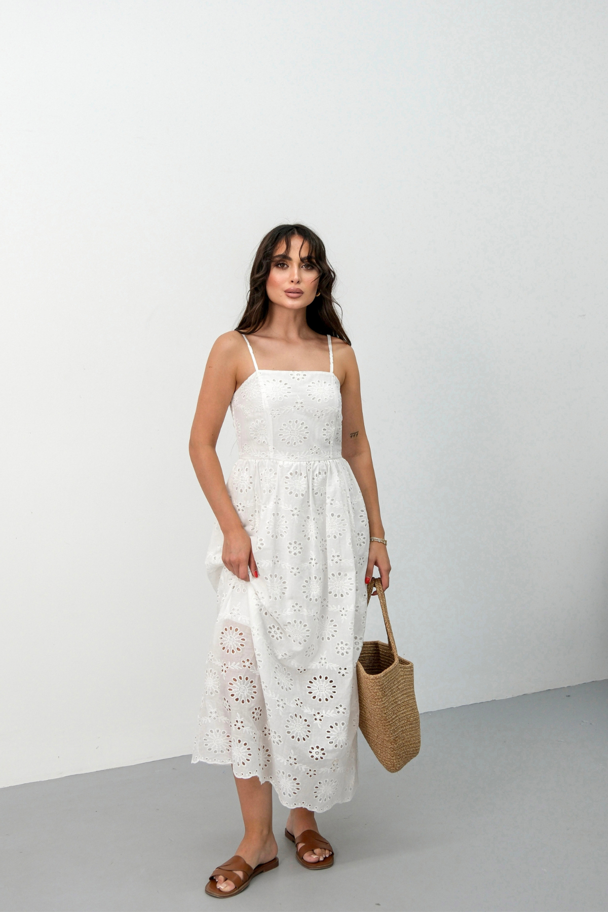 STRING STRAP EMBROIDERED DRESS