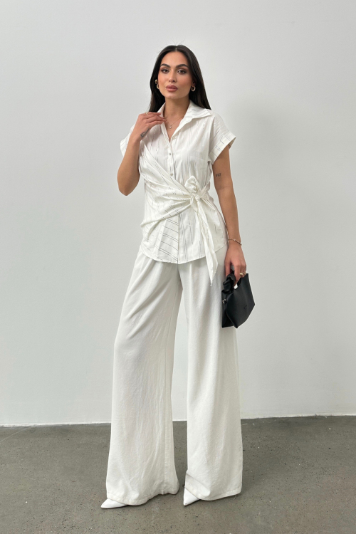 GLITTERED POPLIN TIE BLOUSE