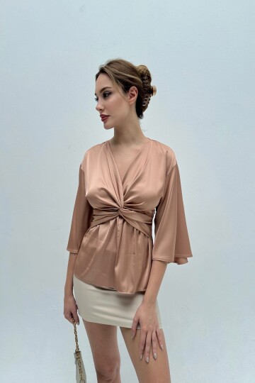 KNOTTED FRONT SATIN BLOUSE