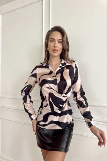 PRINTED SATIN WRAP BLOUSE